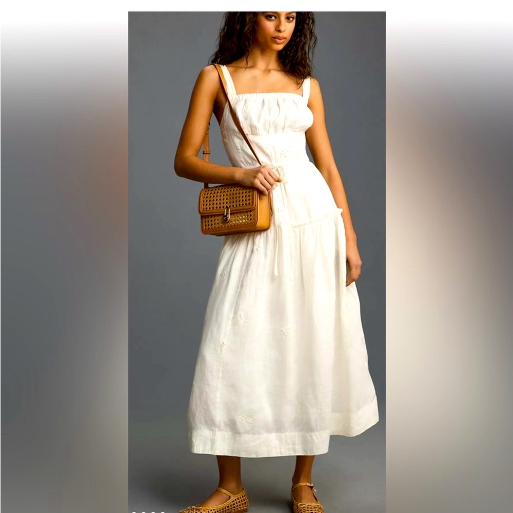 By Anthropologie Linen Square-
Neck Midi Dress